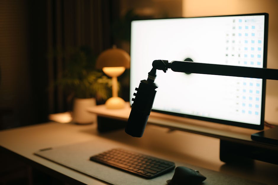 Shure SM7B microphone on desk in home gym studio setup