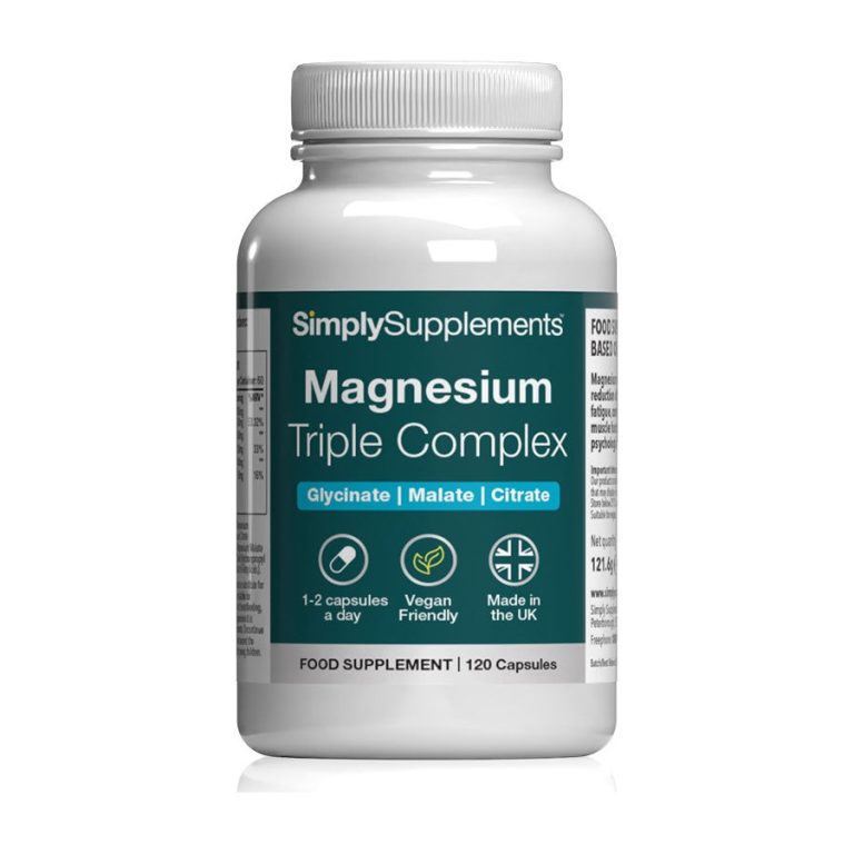 Simply Supplements Magnesium Triple Complex capsules bottle, showing bisglycinate citrate and malate blend