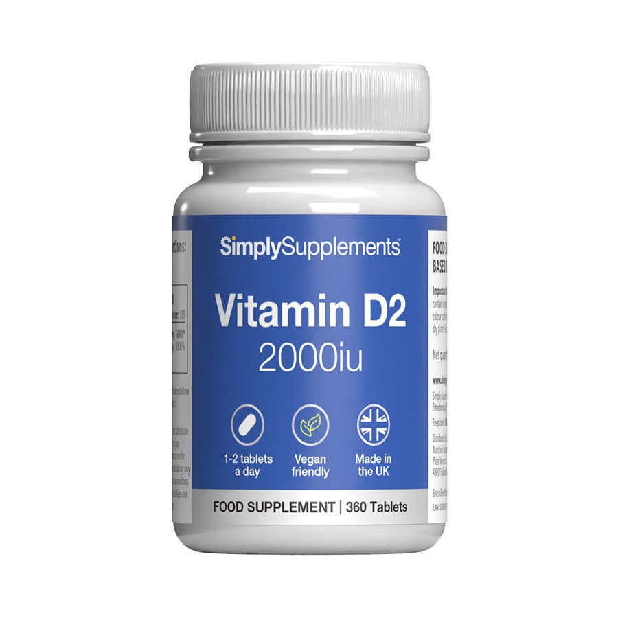 Simply Supplements Vitamin D2 2000iu vegan tablets bottle, front label