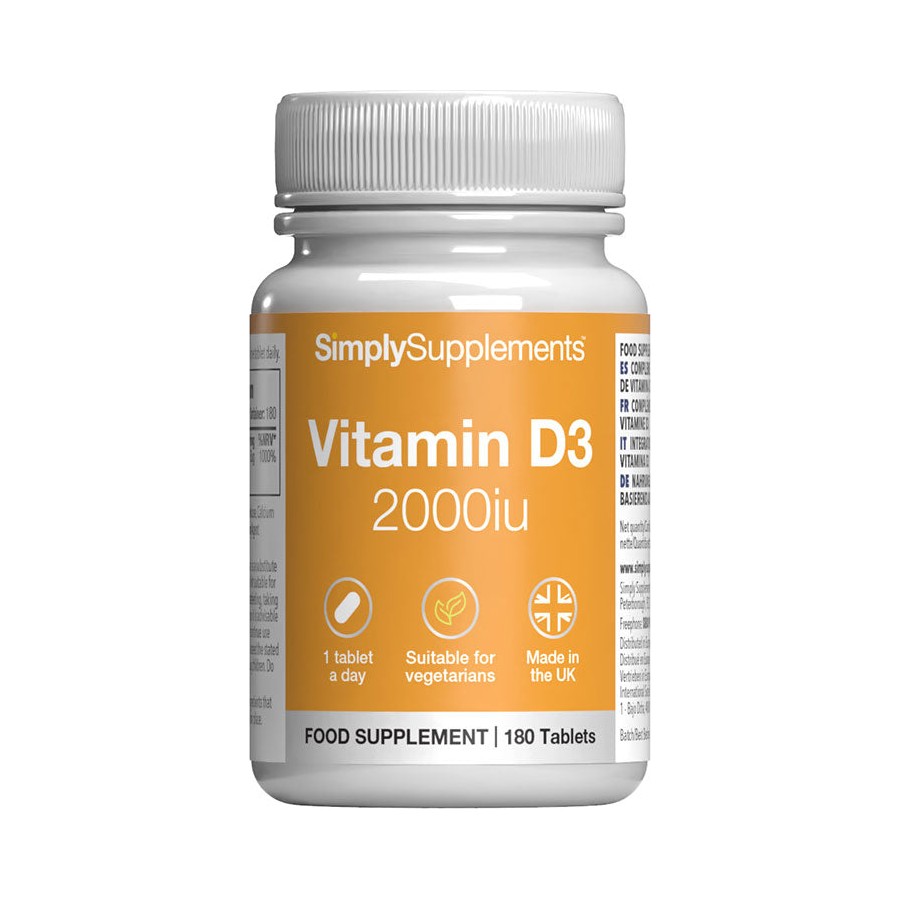 Simply Supplements Vitamin D3 2000iu tablets bottle, front label