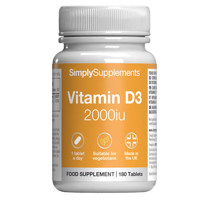 Simply Supplements Vitamin D3 2000iu tablets bottle, front label
