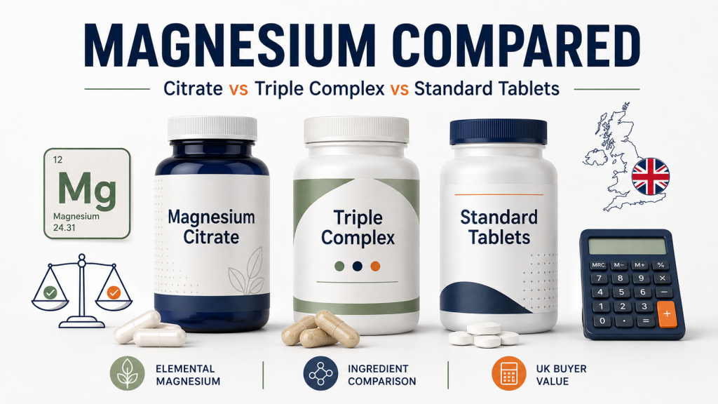 Magnesium citrate, triple complex and standard magnesium tablets compared by elemental magnesium and UK value.