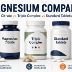 Magnesium citrate, triple complex and standard magnesium tablets compared by elemental magnesium and UK value.