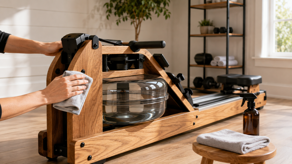 Hands wiping down the wooden frame of a WaterRower rowing machine with a microfiber cloth, with wood care oil nearby, in a bright home gym setting.