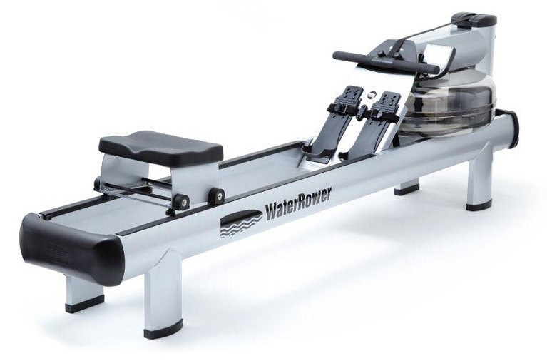 WaterRower Metallic Hi Rise rowing machine, silver powder-coated aluminium frame