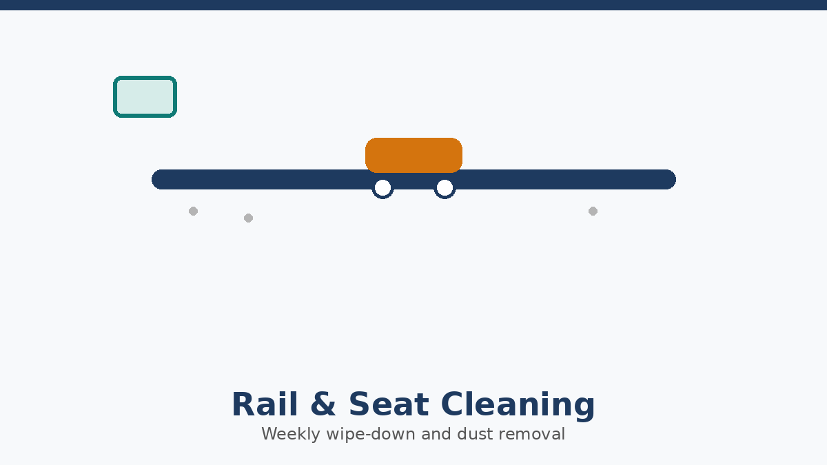 Illustration of a WaterRower seat on its rail with a cleaning cloth and dust particles