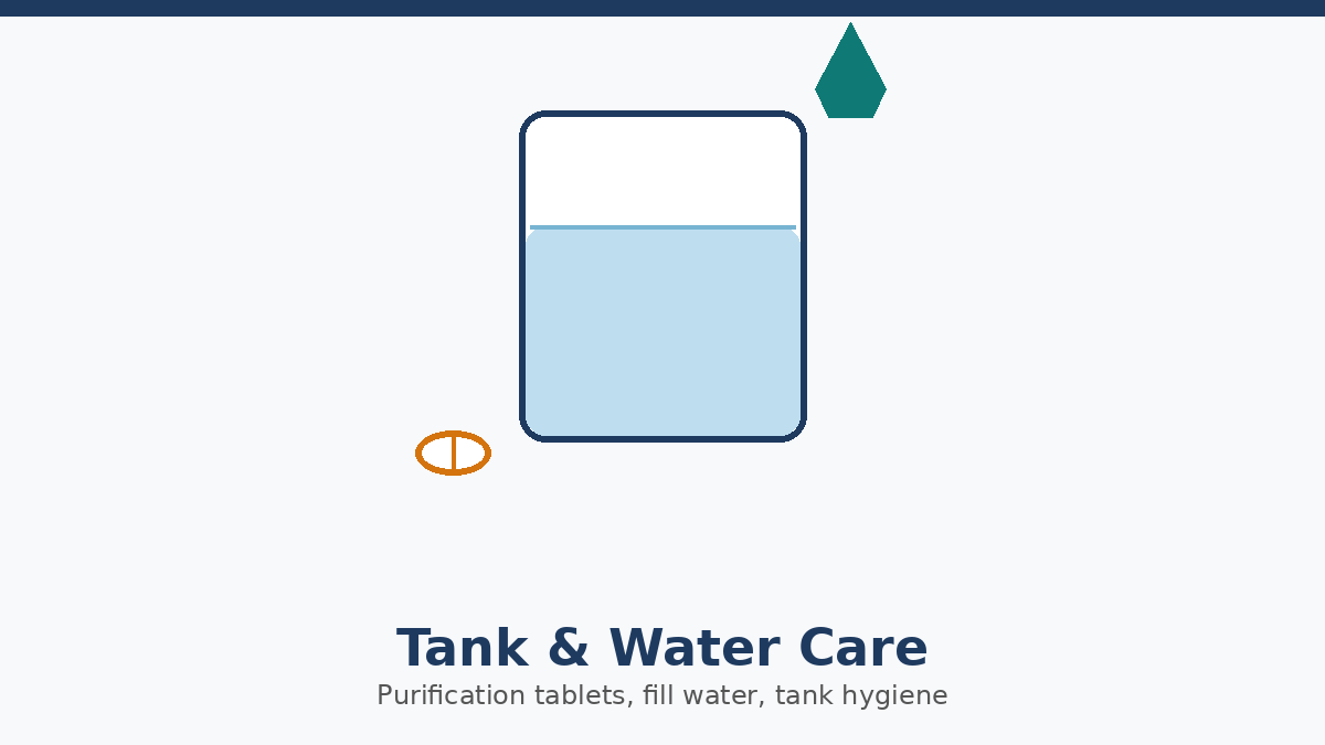 Illustration of a WaterRower tank being filled with water and treated with a purification tablet